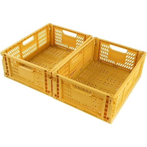 Caisse Pliable - Lot de 2 - Plastique PP - Empilable et Ventilée - Rangement Maison Bureau - Jaune 40x30x15cm (1/5)