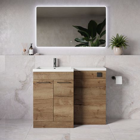 Napoli 390 Tobacco Oak 1100mm 2 Door Vanity Unit Toilet Suite with Square Left Hand Lucia Basin - 1100mm - Gunmetal Grey 160mm HandleWithout Kingston Toilet Pan