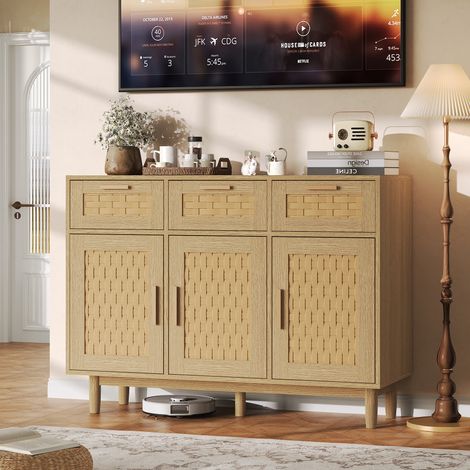 Buffet en Rotin avec 3 tiroirs et 3 Portes,108x40x80cm Meuble de Rangement en cannag, Commode en tiroirs avec Pieds en Bois,Buffet de Rangement pour Salle à Manger, Entrée,Cuisine,Chêne