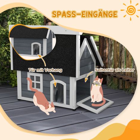 Niche en bois pour chat extérieur avec fenêtre, imperméable, 77 x 57,5 x 68 cm (sans toit bitume), coloris gris/blanc/noir (1/4)