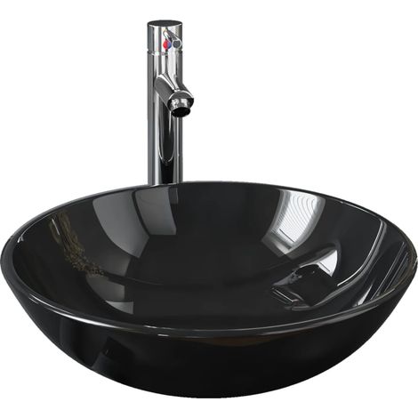 Lavabo de bain avec robinet et drain à poussoir Verre trempé (1/5)