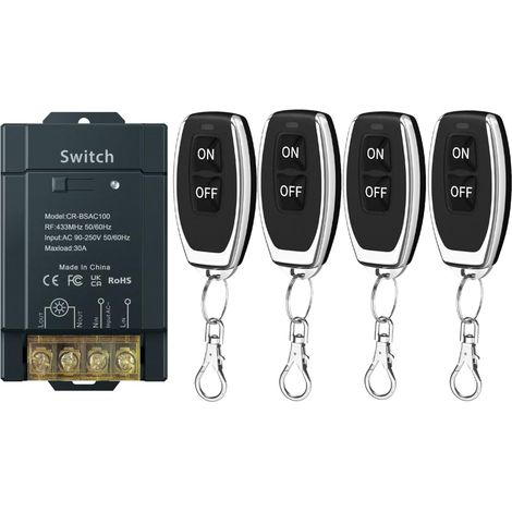 AC 220V 230V 100m 30A Interrupteur d'éclairage extérieur haute puissance avec télécommande radio sans fil relais sans fil pour éclairage de pompe à eau (AC100-240V 100m 4V1 Black) (1/5)
