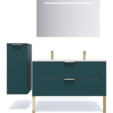 Meuble de salle de bain suspendu double vasque intégrée 120cm 2 tiroirs Bleu + miroir + colonne ouverture gauche - Venice (1/5)