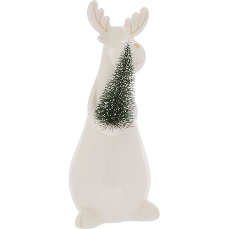 Déco de Noël Renne en céramique Blanche avec un sapin H 20.5 cm - Feeric Christmas (1/2)
