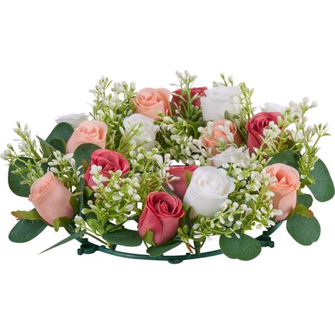 Mophorn Corona de rosas artificiales de 35,5 cm, arreglo floral rosa y blanco para San Valentín, Día de la Madre, bodas, fiestas y decoración del hogar, juego de 10