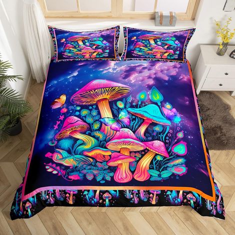 Parure de lit avec housse de couette 220 x 240 cm motif champignon néon trippy pour filles garçons enfants Rose sarcelle Violet dégradé galaxie psychédélique papillon multicolore (1/5)