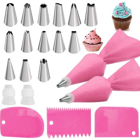 Kit de décoration de gâteaux rose : 2 poches à douille réutilisables en silicone, 14 douilles en acier inoxydable, 3 lisseurs, 2 adaptateurs (1/5)
