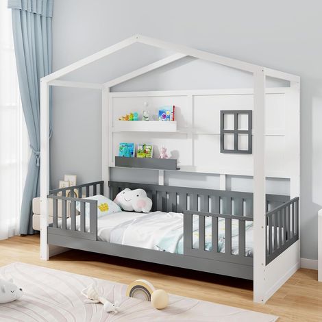 COSTWAY Letto per Cameretta a Forma di Cassetta 90 x 200 cm, Letto per Bambini Struttura di Legno di Pino, Letto Casetta Montessori con 2 Ripiani Mensole e Protezione Anticaduta, Bianco e Grigio (1/5)