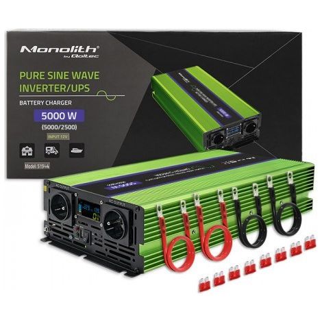 Convertidor de voltaje Qoltec Monolith  Carga de baterías  UPS  2500W  5000W  12V a 230V  Onda sinusoidal pura  LCD (1/3)