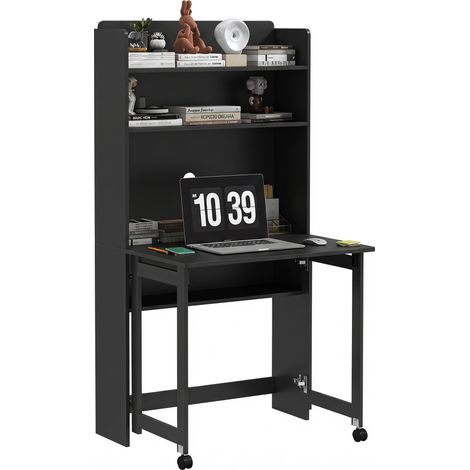 Bureau informatique - HOMCOM - avec étagères de rangement, plateau rabattable et 2 roulettes - bois - 80x69x155cm - noir (1/5)