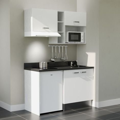Kitchenette K13L - 140 cm - plan monobloc évier intégré Nero- évier à droite - Façades Blanc + Electroménager inclus coloris Blanc
