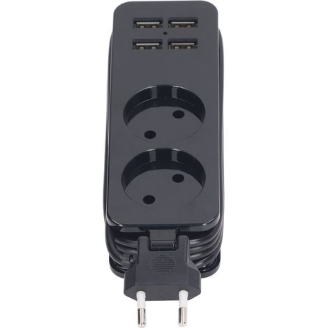 Multiprise 1200 W 10 A avec 2 prises rondes et 4 ports USB, prise européenne 250 V, noire, pour téléphone et ordinateur portable (1/5)