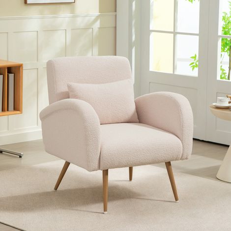 Gepolsterter Wohnzimmersessel, Schlafzimmersessel mit Teddy-Stoffbezug und Lendenkissen, Lesesessel mit Metallbeinen in Holzoptik für Wohn- und Arbeitszimmer, 77 x 77 x 83 cm, Beige (1/5)