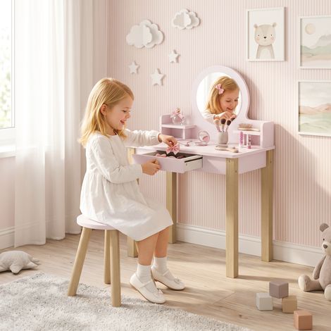 Coiffeuse pour fille avec tabouret, miroir et tiroir en bois, 3-6 ans, rose (1/5)