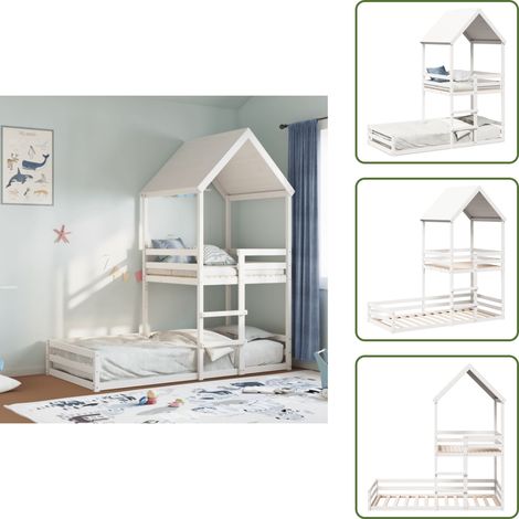 Etagenbett mit Dach Weiß 90x200 cm Massivholz Kiefer - Kinderbett - Hochbett - Etagenbett - Jugendzimmer - Massivholzmöbel