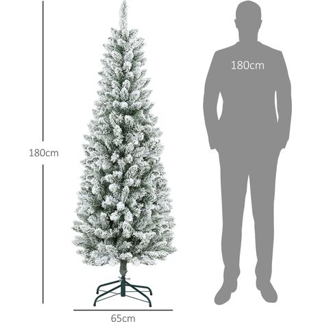 Sapin de Noël artificiel, design fin, neige artificielle, trois sections, ignifugé, pied en métal, 183 cm, vert (1/5)