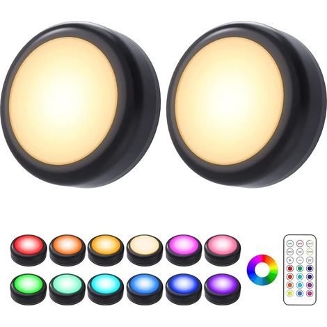Éclairage LED pour meubles à batterie, 2 spots LED RGB avec télécommande, éclairage sans fil sous meuble cuisine intensité réglable, pour escaliers vitrines et armoires (1/5)