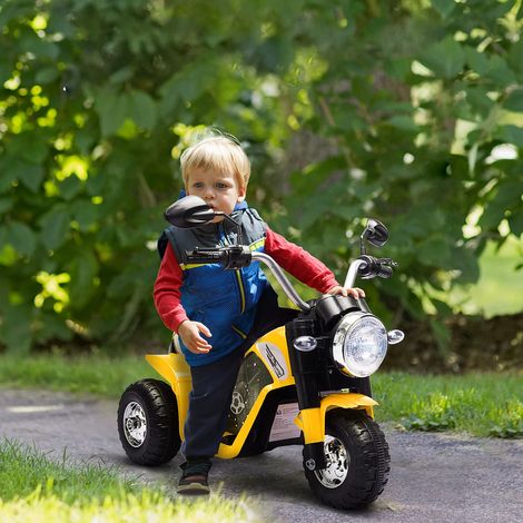 Moto électrique pour enfants à 3 roues avec lumières et sons, batterie rechargeable 6V, vitesse 2 km/h, pour enfants de 18-36 mois, 72 cm x 57 cm x 56 cm Jaune (1/5)