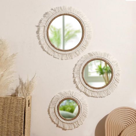 Ensemble de 3 miroirs décoratifs de style bohème miroirs muraux ronds tissés à la main, adaptés aux chambres, aux salons et à la décoration intérieure (1/5)