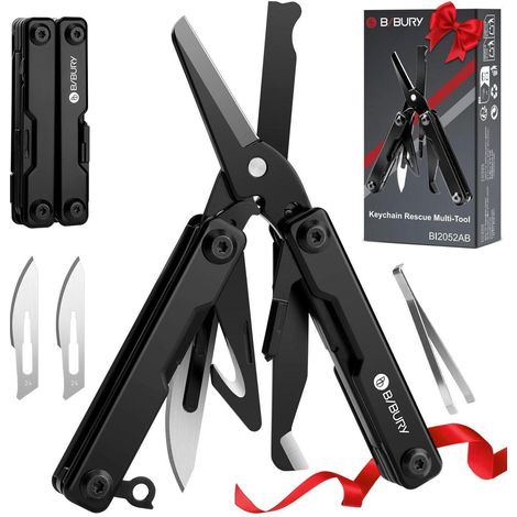 Mini Multitool avec ciseaux, brise-vitre et coupe-ceinture, acier inoxydable, noir