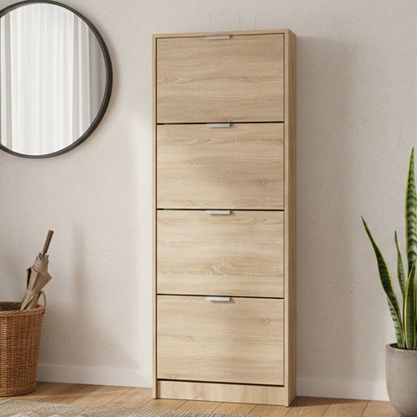 Zapatero Melocotón, Armario para Zapatos un Estante, 4 Puertas, kit Fijación a Pared Incluido, 58x18x155.5h cm Roble Claro Marrón (1/5)