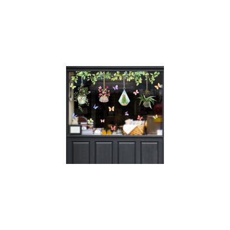 Autocollants de Fenêtre Papillon et Fleurs Stickers Muraux Plantes Vertes Deco Stickers Salle de Bain Cuisine Chambre Bébé Décoration-Crezuo