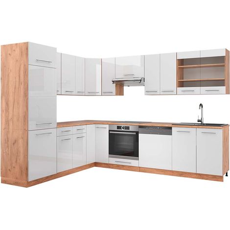 Cocina esquinera Fame-Line, Blanco brillo intenso/roble dorado, 227 x 287 cm , ET Roble, Vicco (1/5)