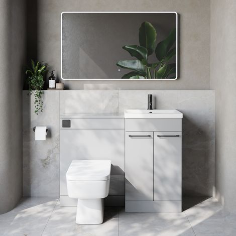 Napoli 390 Cento Gloss Grey Pearl 1100mm 2 Door Vanity Unit Toilet Suite with Glide Basin - 1100mm - Matt Black 160mm HandleWith Kingston Toilet Pan and Seat