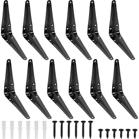 12 Pack 5 x 6 pouces noir support d'étagère lourd, support d'étagère flottant, support d'angle de support L, support d'angle de joint métallique avec vis et ancres Kit pour étagères suspendues (1/5)