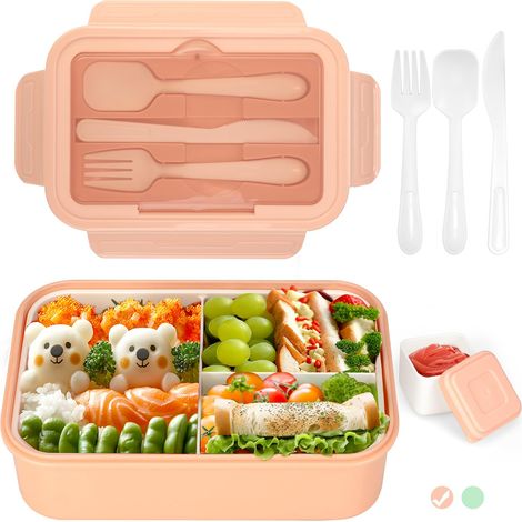Lunch Box,Boîtes Bento Enfant Adulte Boîte 1400ml avec 3 Compartiments, Boite Repas,Conception Sans Fuite Lunchbox avec Couverts, pour Micro-onde Lave-vaisselle, École Pique Nique Travail (1/5)