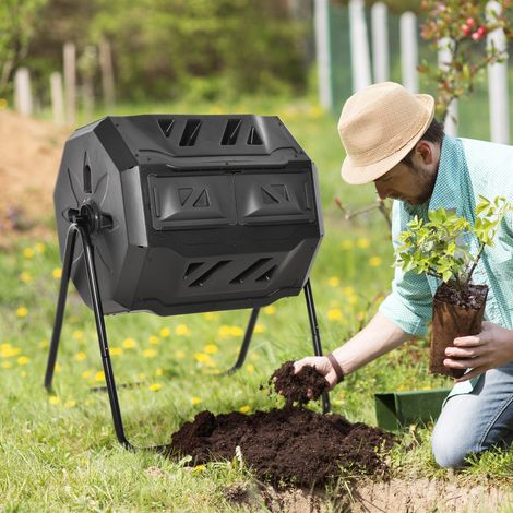 Composteur de jardin pivotant 2 sections - dimensions 71x65x96 cm - acier et PP 160L - pour déchets organiques - 8 bouches d’aération - noir