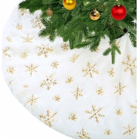 Robe de sapin de Noël  Robe de sapin de Noël blanche épaisse en fausse fourrure avec coussin de flocon de neige à paillettes dorées Couverture de sapin de Noël 90cm/35in (1/5)