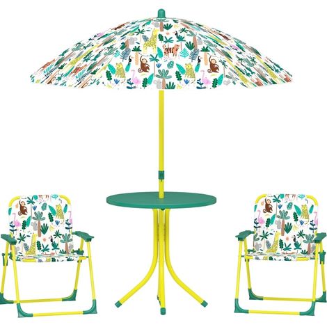Ensemble table et chaises enfant 4 pièces avec parasol réglable, table ronde pliante et 2 chaises pliantes, set de jardin vert pour jeux dehors  CHICFURN (1/5)