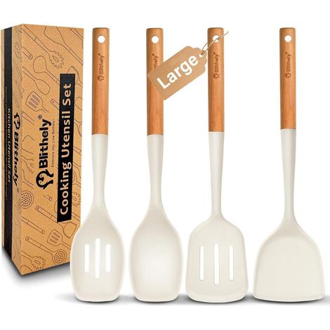 4-teiliges Silikon-Küchenhelfer-Set mit Holzgriff, antihaftend, hitzebeständig