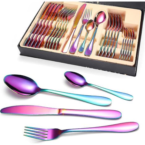 Couverts de Table 6 Personnes 24 Pièces Colorés Moderne en Acier Inoxydable Ensemble de Couvert Miroir Design Titane Arc-en-Couleur Compris Couteau/Fourchette/Cuillère/Cuillère à Café Poli (1/5)