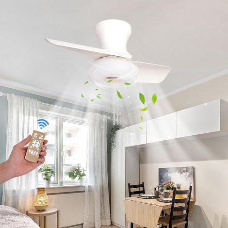 Ventilateur de plafond 60 cm avec éclairage et télécommande, plafonnier LED à intensité variable avec ventilateur, 6 vitesses, minuteur, Blanc