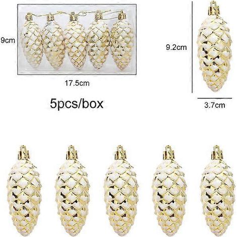Lot de 5 boules de Noël peintes en forme de pommes de pin, à suspendre, pour décorer votre sapin et offrir en cadeau. Couleur : or de Noël. (1/5)