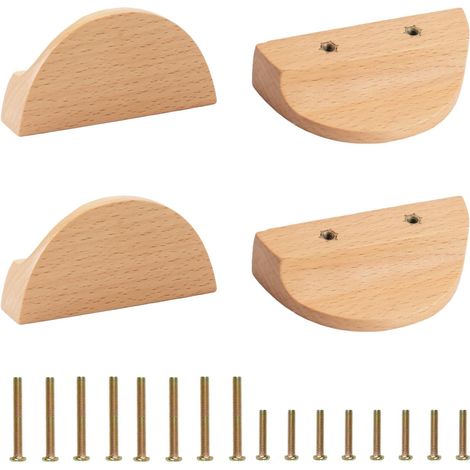Halbmond-Schubladengriffe, 4 Stück, halbrunder Holzgriff, Schubladenbeschläge aus Buchenholz, Doppelloch, Kleiderschrank-Schubladenbeschläge für Schubladenschränke