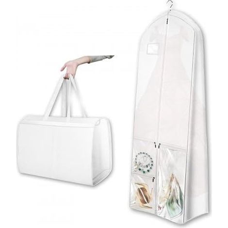 Housse de Robe de Mariée, 180x60cm Anti Poussière Housse Vetements à Suspendre, Housse Robe Longue Pliable avec 3 Poches, Sac de Vêtements avec Fermeture éclair, pour Robe de Soirée, Costumes (1/5)