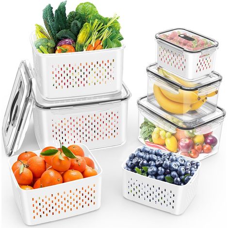 5 boîtes conservation fruits/légumes avec passoire amovible, poignée, plastique hermétique, pique-nique/frigo
