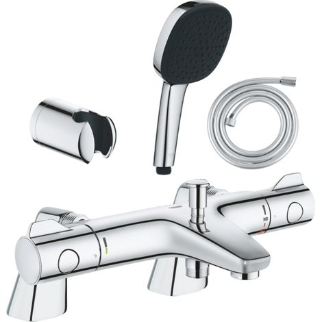 GROHE Grohtherm 800: Mezclador termostático para bañera/ducha + teleducha cuadrada de 2 chorros + manguera + soporte