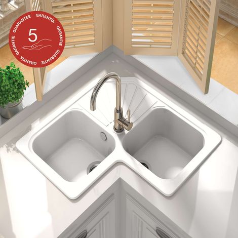 Evier pour meuble d'angle à encastrer Poalgi Agata Blanc - 2 bacs avec égouttoir
