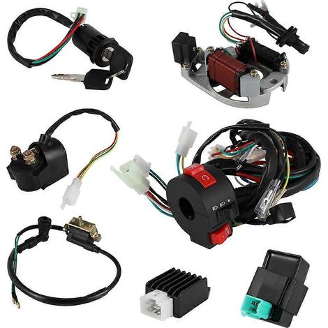 Faisceau de câblage complet, bobine, régulateur, CDI, solénoïde, relais et bougie d'allumage pour quad 4 temps 50cc, 70cc, 90cc, 110cc et 125cc. (1/5)