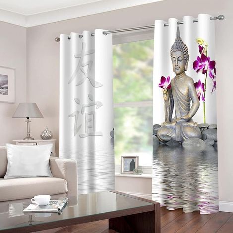 Statue de Bouddha 3D Lot de 2 Rideaux Occultants, Bouddha de Pierre Rideau Thermique Isolant Anti Froid, 140x240, Rideau Occultant avec Œillets Rideau Fenetre - 140L X 240H cm (2 Panneaux) (1/5)