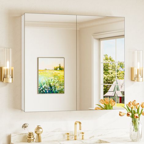 Keonjinn Badezimmer Spiegelschrank, 91 x 81 x 11.2 cm, höhenverstellbare Einlegeböden, Weiß, Badschrank (1/5)