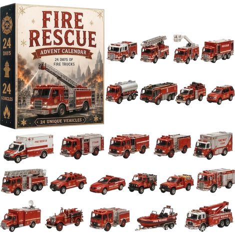 Calendrier de l'Avent Pompiers, Compte à Rebours de Noël de 24 Jours Décorations de Noël Pendentif de Camions de Pompiers et de Véhicules de Secours, Découverte Quotidienne pour les Amateurs