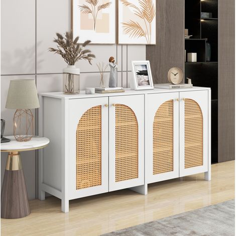 Credenza da cucina in canna con 4 ante e maniglie in metallo, mobile contenitore per sala da pranzo, soggiorno e cucina, bianca (1/5)