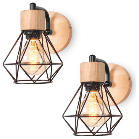royaluxe- 2PCS-Applique Murale Rétro E27 Lampe Murale Vintage En Fer Et Bois Rétro Cage Design Noir Lampe Murale Interieur Pour Salon Chambre Cuisine Couloir (1/5)
