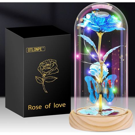 Cadeau Saint Valentin Femme, Rose Eternelle sous Cloche Cadeau Femme Maman Anniversaire avec Lumières, Fleur Artificielle Cadeau pour Femme Maman,Cadeau Fete des Meres (Bois-Bleu) (1/5)