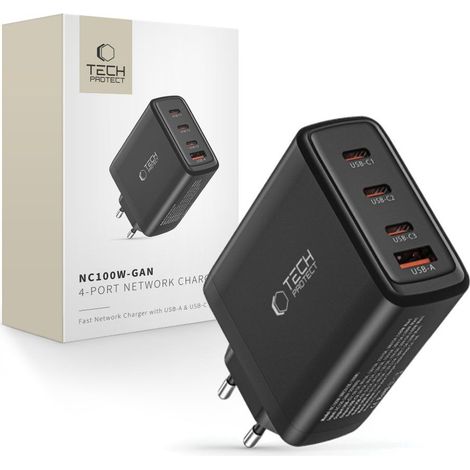 Cargador de pared GaN 3x USB-C PD USB-A QC 100W - Negro